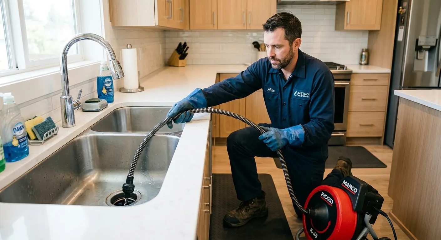 Drain cleaning technician using a motorized snake on a kitchen sink in Vail