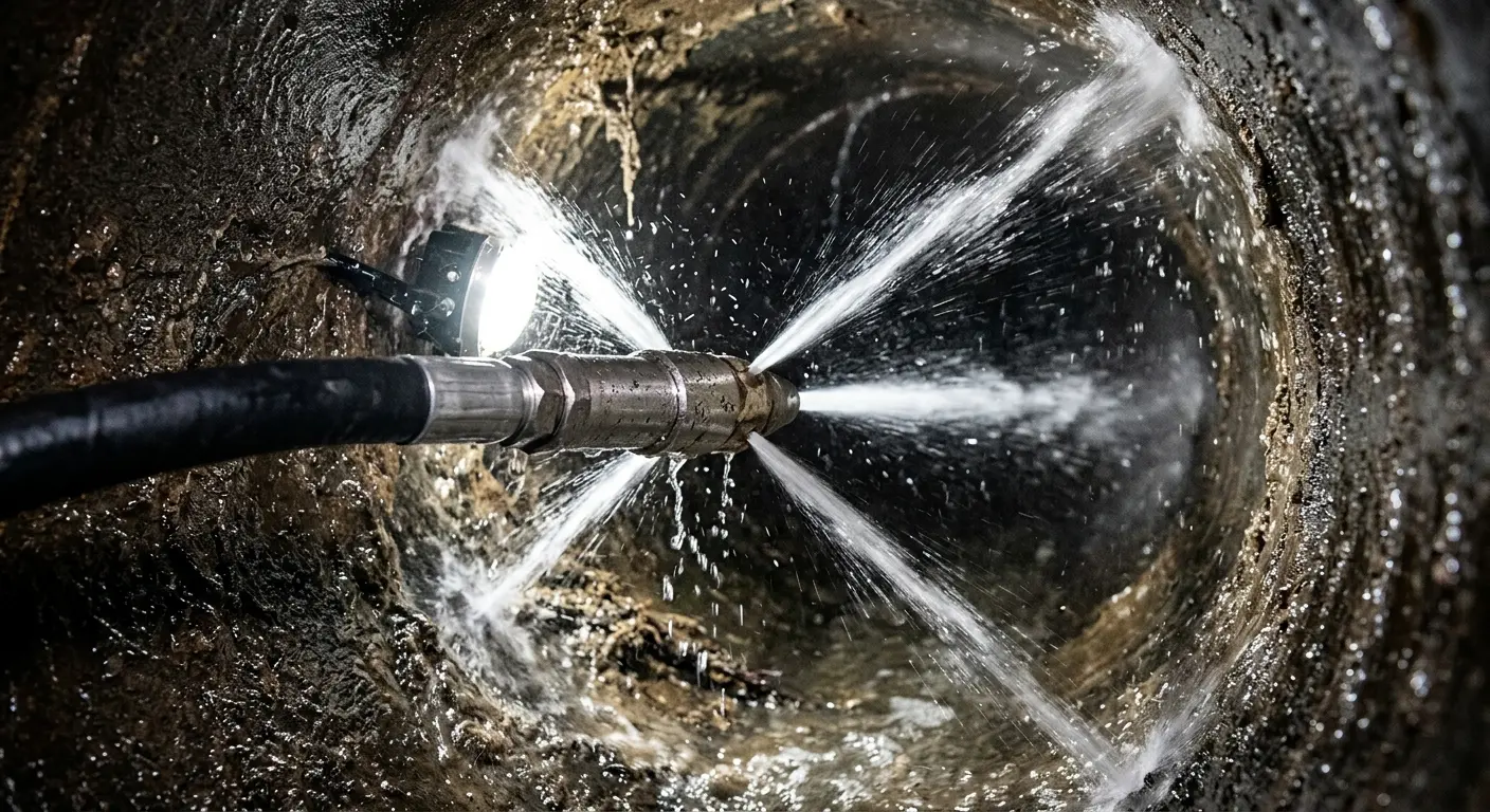 High-pressure hydro jetting nozzle cleaning sewer pipe for Trenchless Sewer Repair in Vail