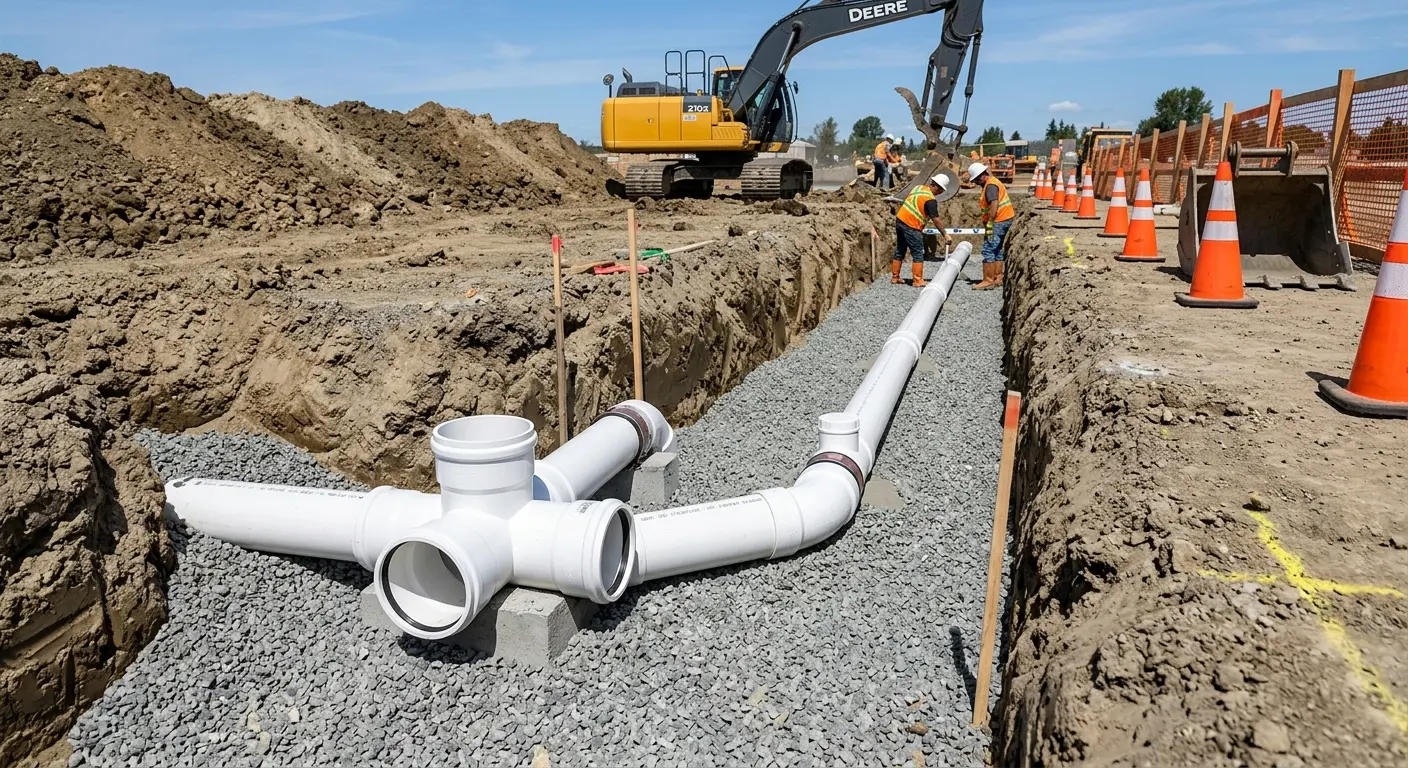 New PVC sewer pipe installation in open trench for Commercial Drain Cleaning in Vail
