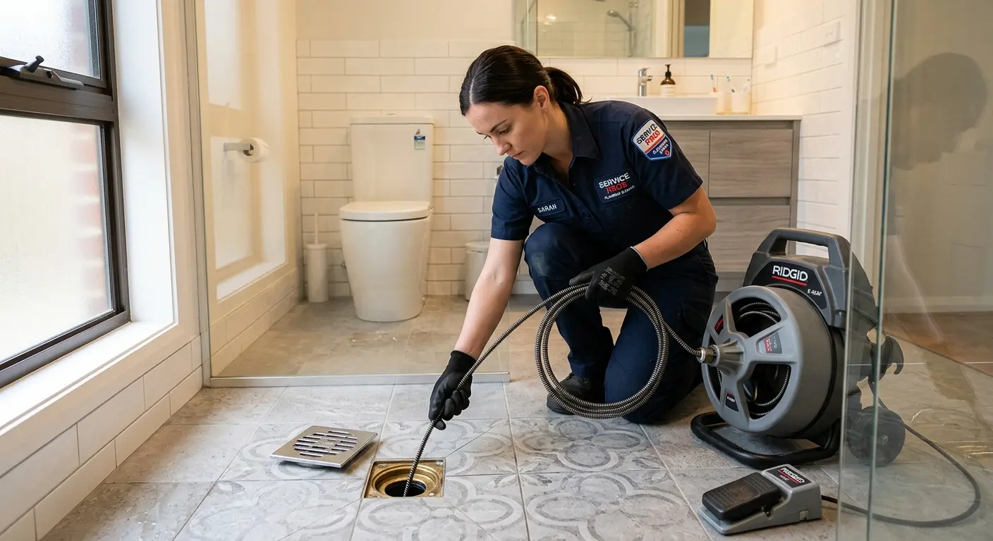 Technician clearing a bathroom floor drain for Sewer Line Replacement in Vail